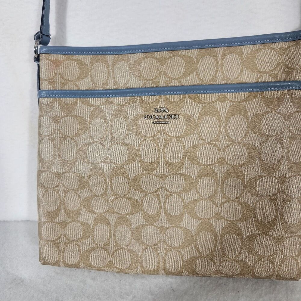 COACH F58297 File Bag Khaki Signature Blue Leather Trim Shoulder Bag Purse Med